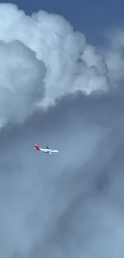 Airplane flying through dramatic clouds.