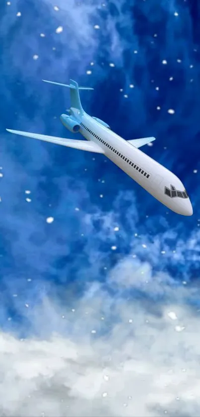 Airplane flying through vibrant blue and white clouds in the sky.
