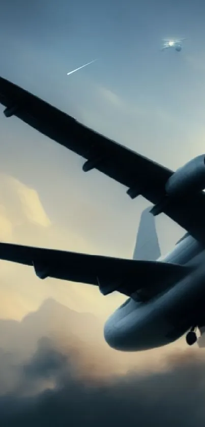Airplane soaring through a dramatic sunset sky with clouds.