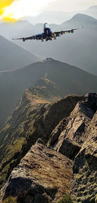 Airplane flying over rugged mountain peaks at sunrise.