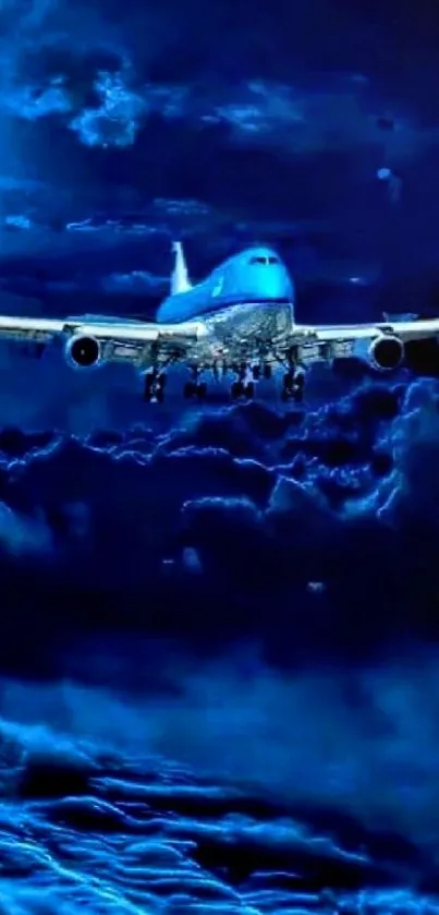 Airplane flying through a stunning moonlit sky with vivid blue clouds.