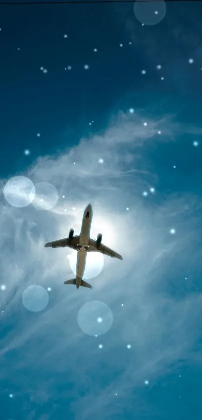 Airplane soaring in a starry, teal sky with clouds.