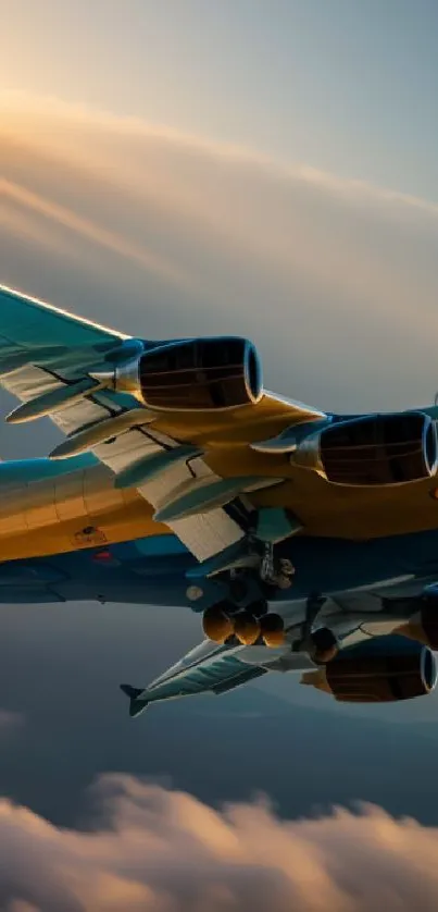 Airplane flying in sunset-lit sky with clouds.