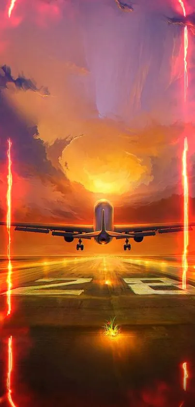 Airplane landing on runway at sunset with vibrant skies.