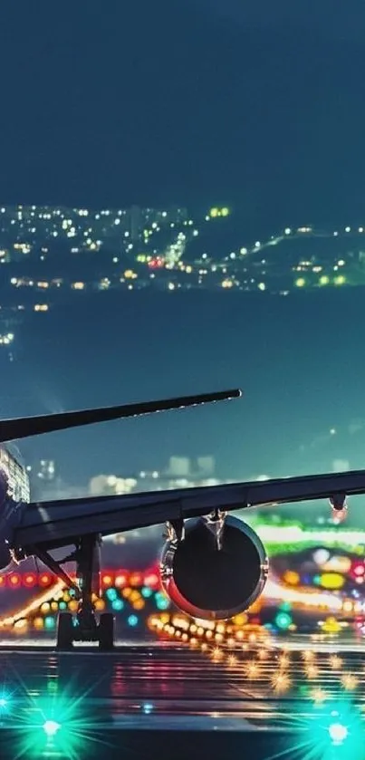 Airplane on a runway with colorful city lights at night.