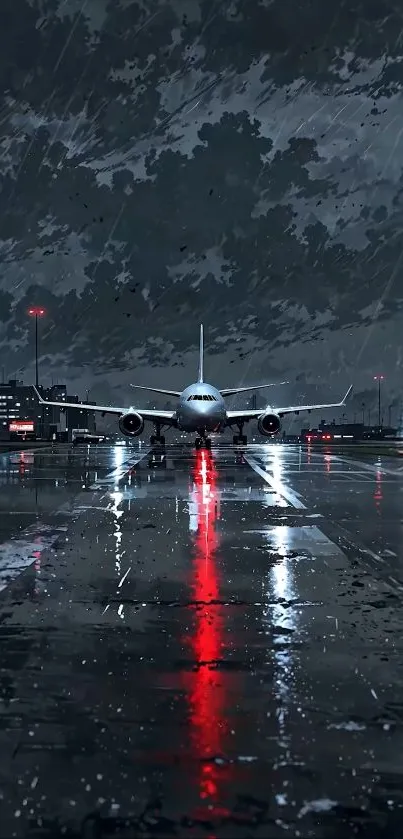 Airplane on a rainy night runway with glowing reflections.