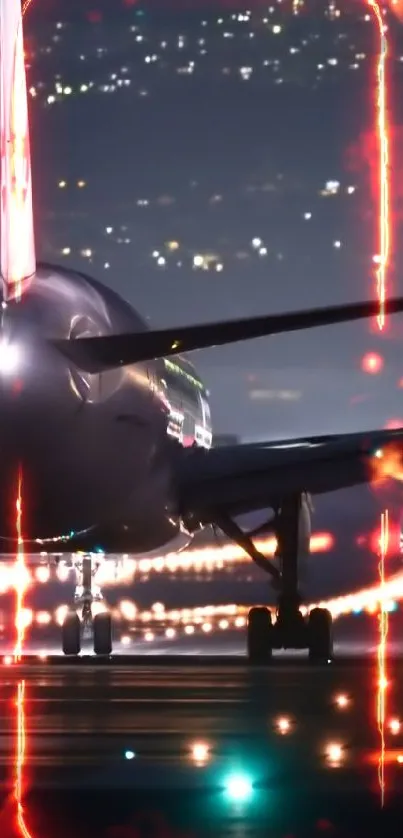 Nighttime airplane on a lit runway with city lights in the background.