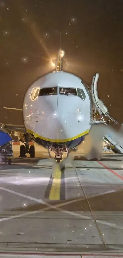 Airplane parked on runway at night with a starry sky backdrop.