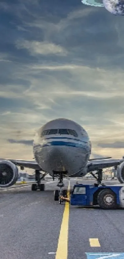 Airplane on runway at sunset with planet in sky.