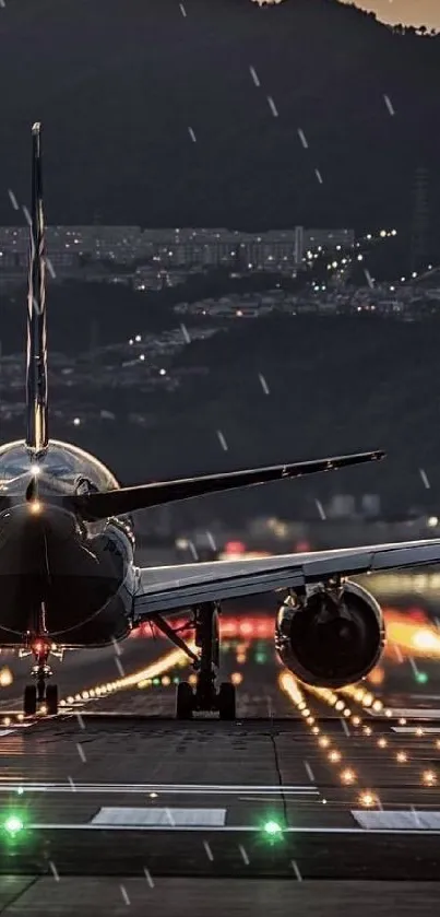 Airplane on runway at sunset with city lights.