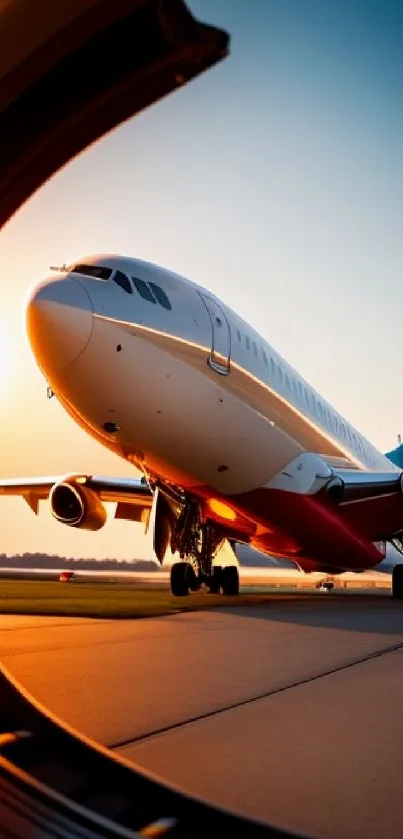 Jet airplane on a runway during sunset with vibrant colors.