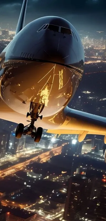 Airplane flying over illuminated city at night.