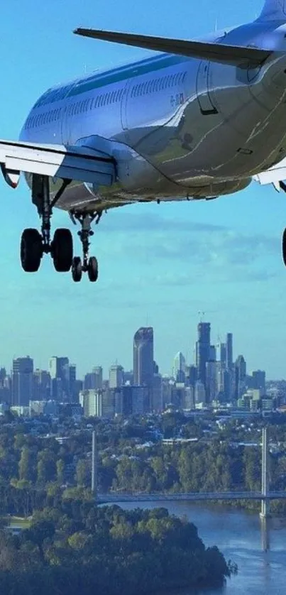 Airplane soaring over cityscape with skyline in the background.