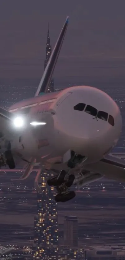 Airplane flying over city at dusk with skyline in background.