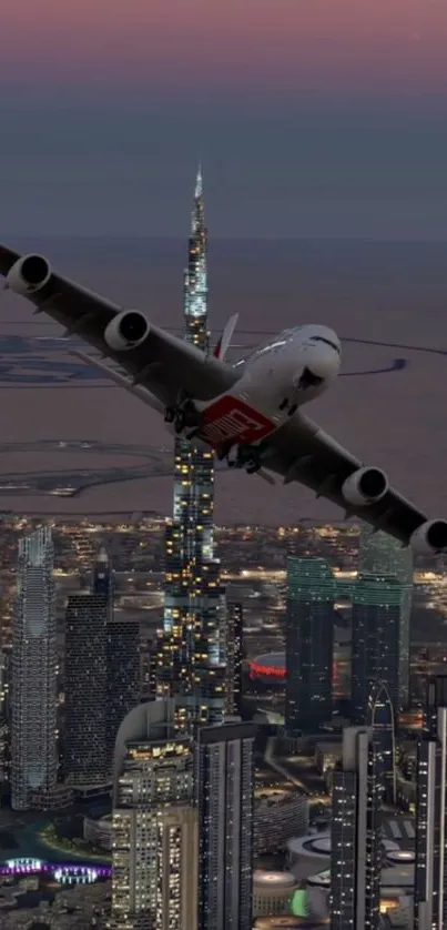 Airplane flying over city skyline at dusk.