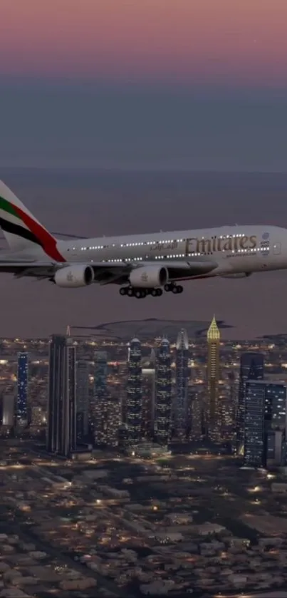 Airplane flying over a vibrant cityscape during dusk with city lights aglow.