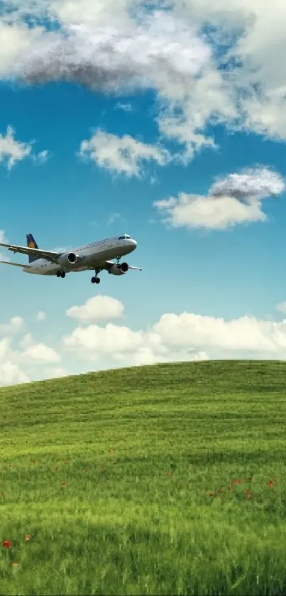 Wallpaper of an airplane flying over a green grassy hill with a clear blue sky.