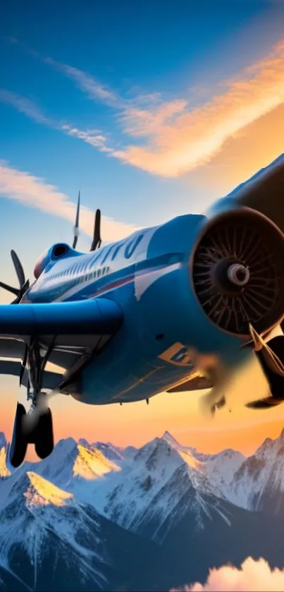 Airplane flying over snow-covered mountains at sunset.