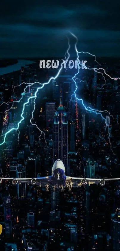 Airplane flying through lightning over New York City at night.