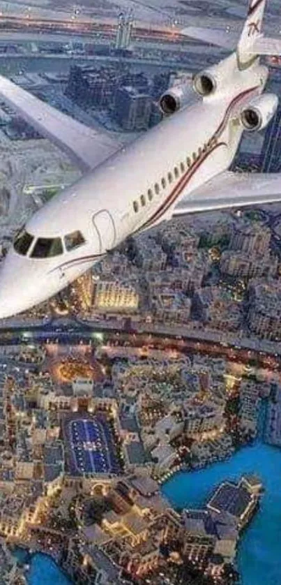 Airplane soaring over a vibrant cityscape, capturing an aerial view.