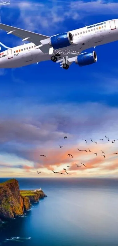 Airplane flying over a scenic coastal landscape under a vibrant sky.