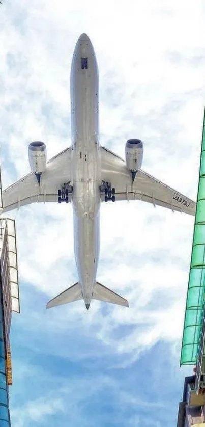 Airplane flying between urban skyscrapers, viewed from below.