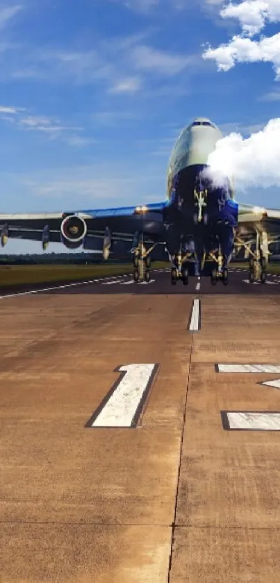 Majestic airplane on runway under blue sky.