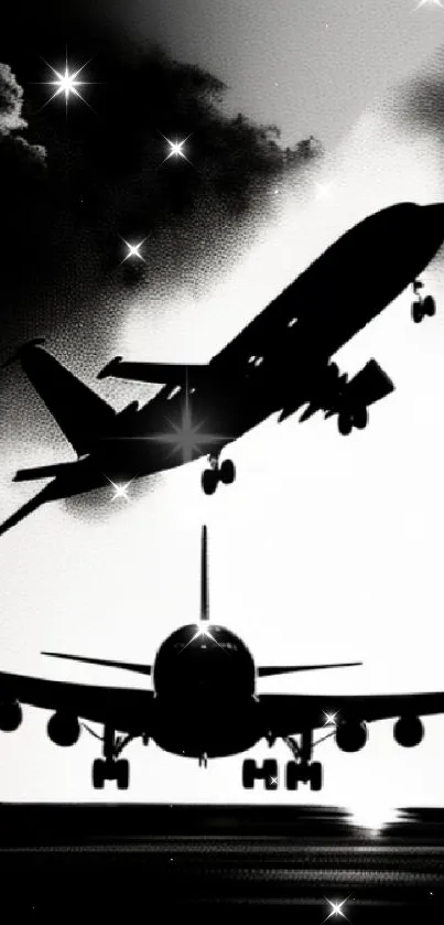 Silhouette of two airplanes, one taking off in black and white.