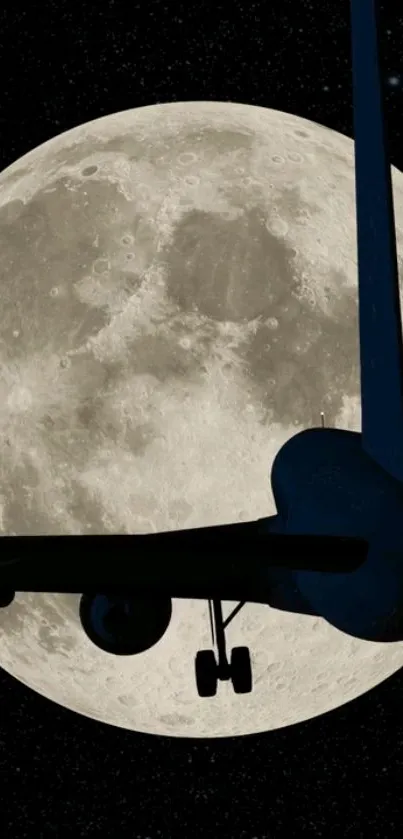 Silhouette of an airplane against a full moon.