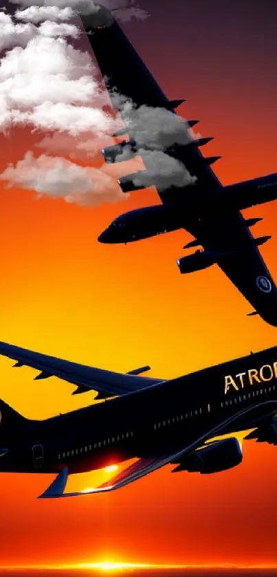 Silhouetted airplanes flying in a vibrant orange sunset sky.