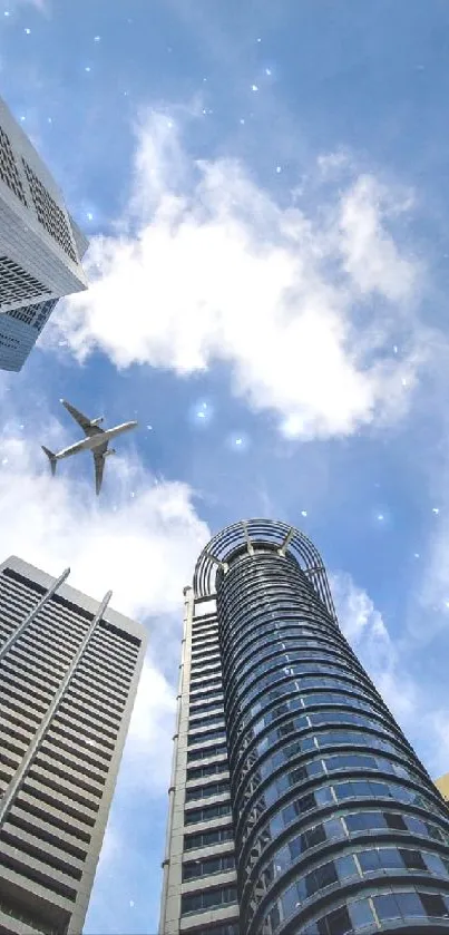 Airplane flying over skyscrapers with clouds in the background.