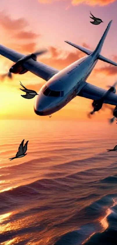 Airplane soaring over ocean at sunset with vibrant sky.