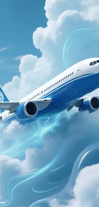 Illustration of an airplane soaring through clouds in a blue sky.