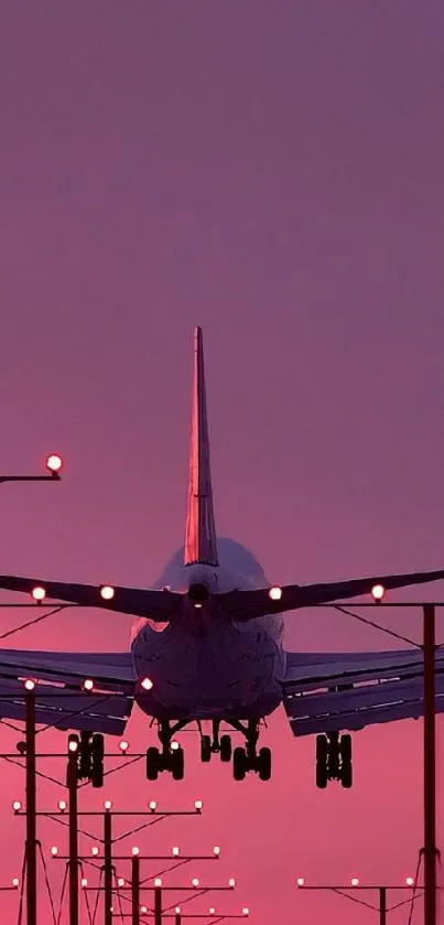 Airplane landing at sunset with purple-pink sky.