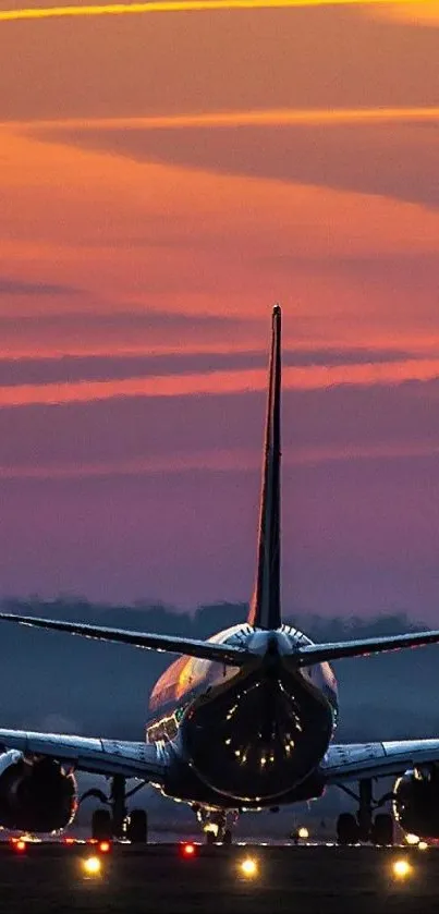 Airplane at sunset with vibrant orange and purple sky on mobile wallpaper.