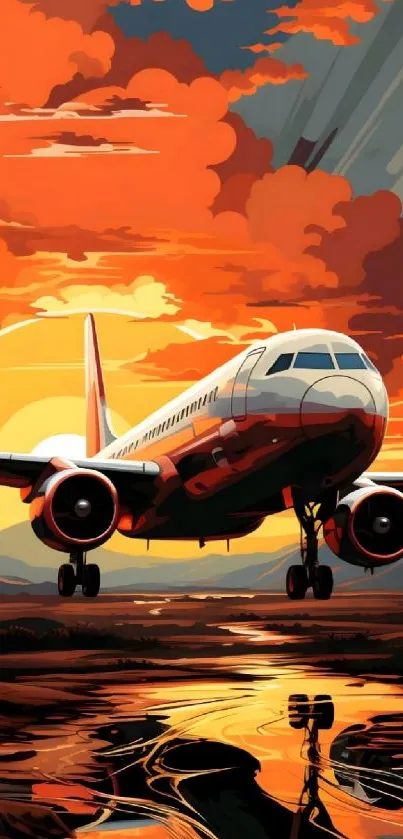 Artistic airplane landing at sunset with vibrant sky reflection.