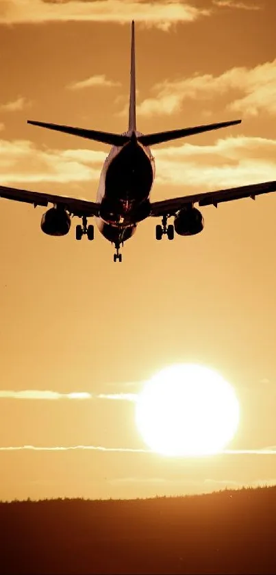 Airplanes silhouetted against a vibrant orange sunset.