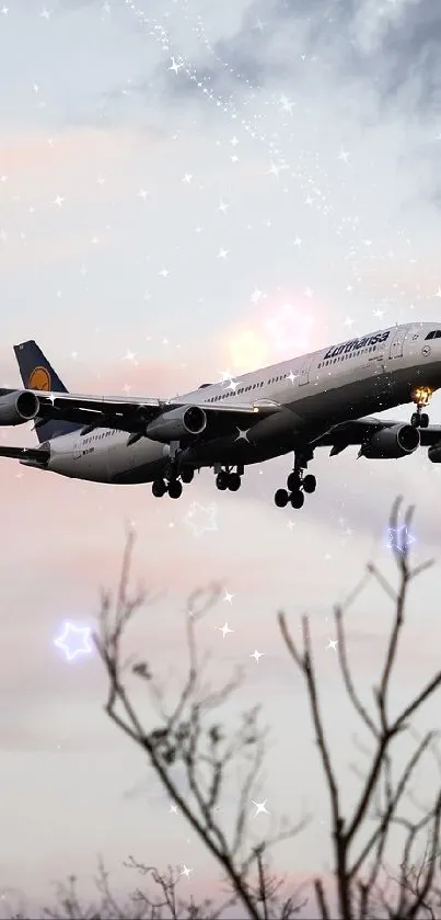 Airplane silhouette against a sunset sky with tree outlines.