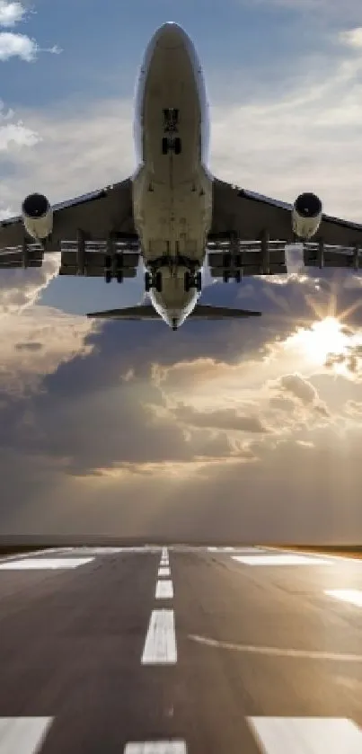Airplane taking off from runway against a sunset.
