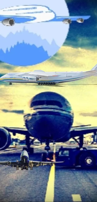 Airplanes taking off against a blue sky with mountains.