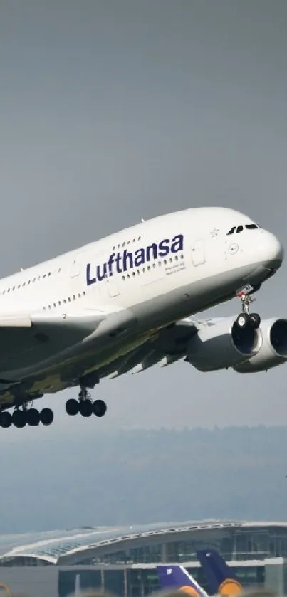 Airplane soaring high, capturing takeoff moment with scenic sky.