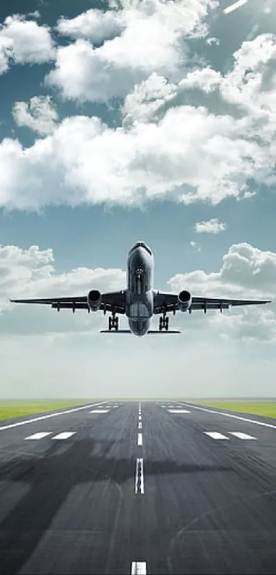 Airplane taking off towards a bright, cloudy sky.