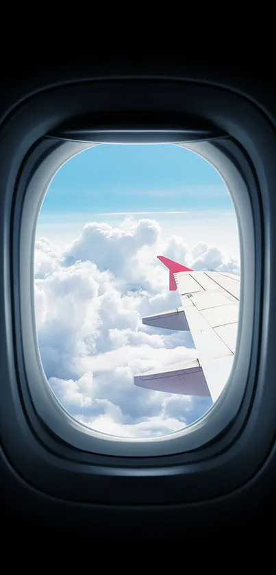 Airplane window view with clouds and sky.