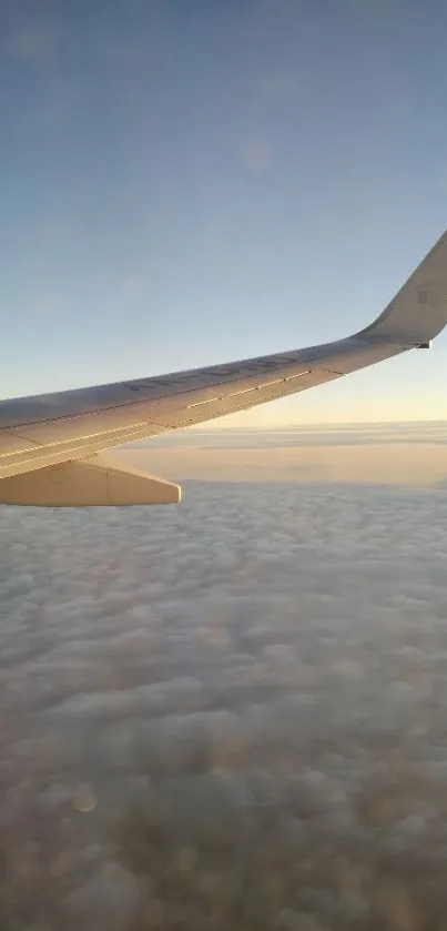 Airplane wing view over clouds during sunrise, captured from a window seat.