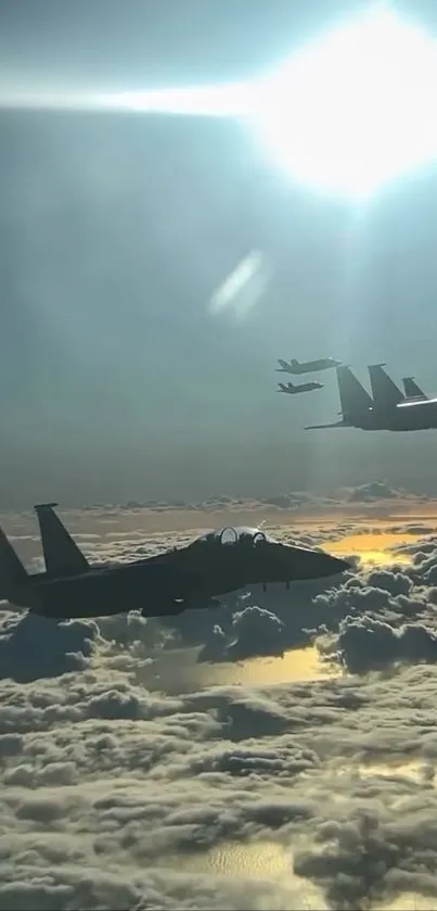 Airplanes flying above clouds during sunset.