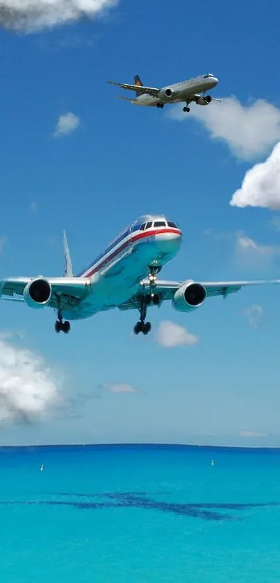 Airplane flying over clear blue sky and ocean.