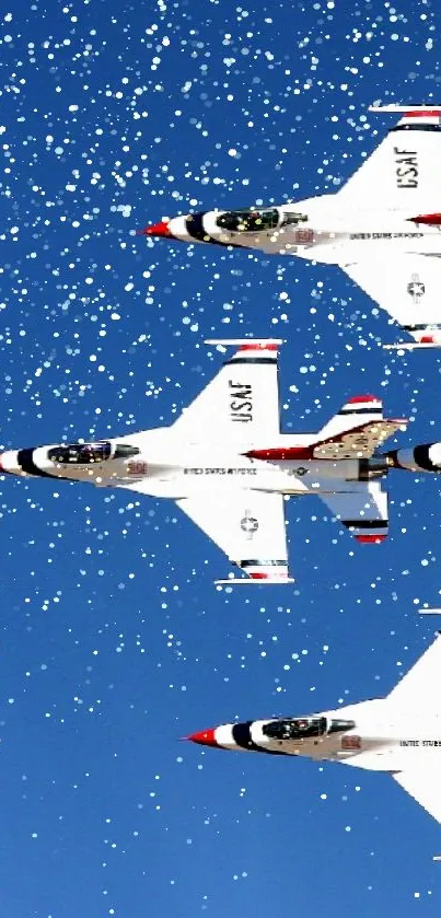 Fighter jets in formation against a blue sky, perfect for aviation-themed mobile wallpaper.