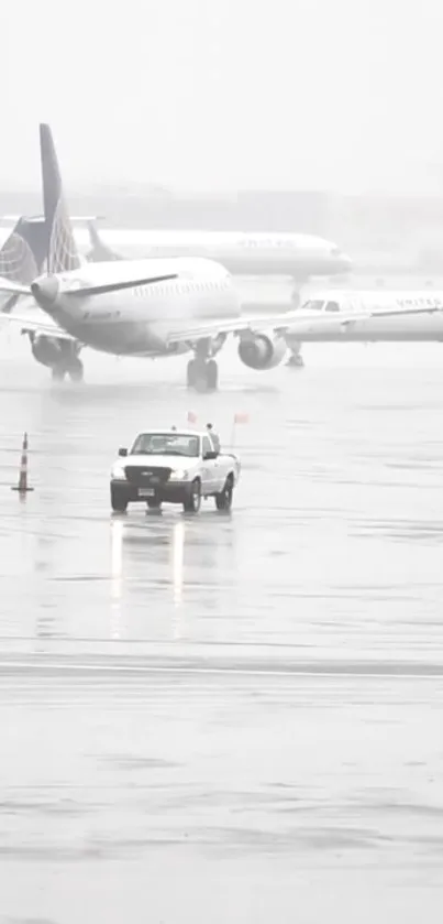 Airplanes parked on a foggy runway with a vehicle in foreground.