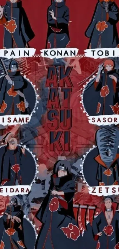 Akatsuki characters wallpaper in red and black tones.