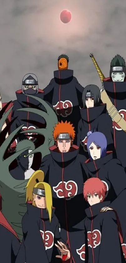 Dynamic Akatsuki anime group with red moon backdrop.